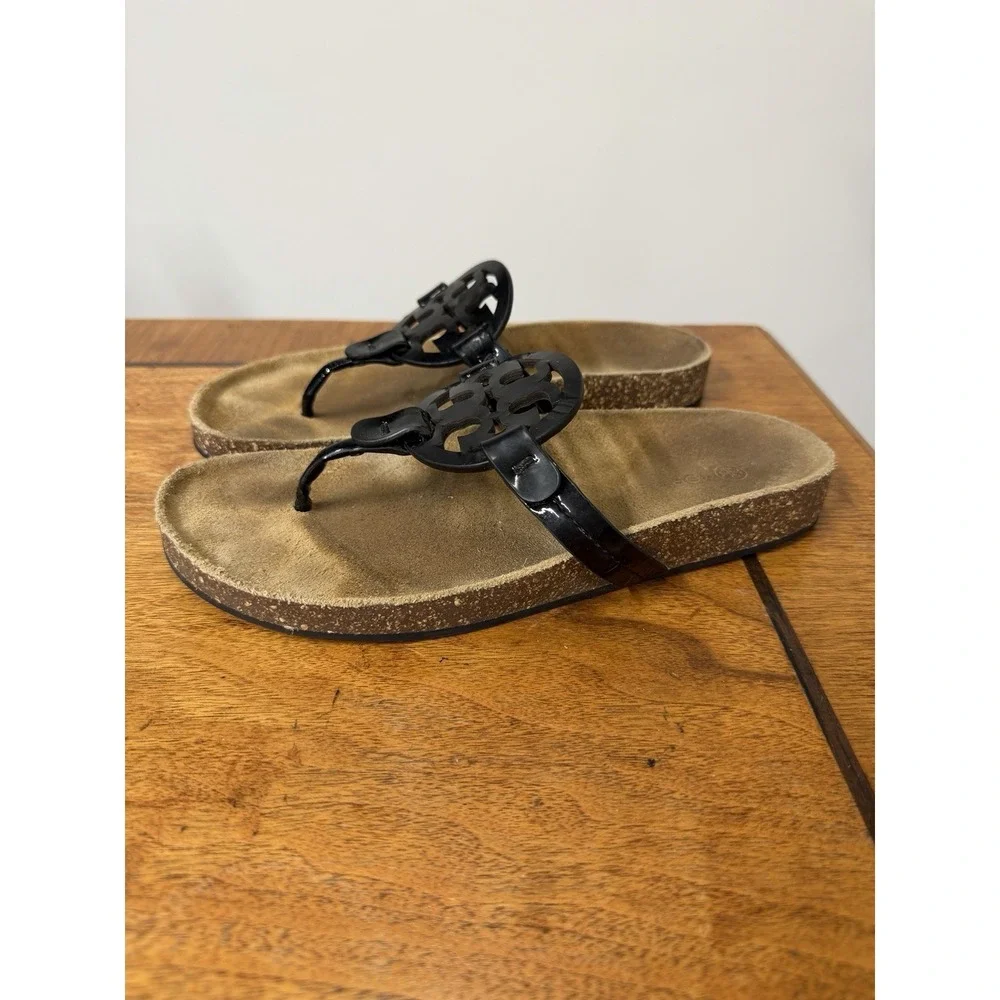 Tory Burch Miller Cloud Sandals Womens 8 Perfect Black Patent Leather Logo Thong